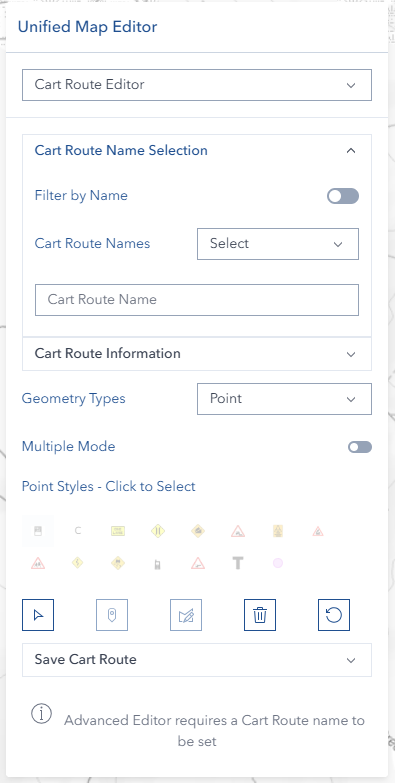 Cart Route Editor Panel with Information and Geometry sections