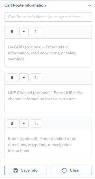 Cart Route Information Panel with dropdown selection