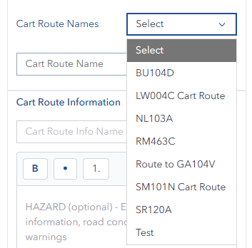 Cart Route Information Panel with data entry fields