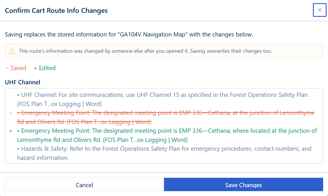 Confirm Cart Route Info Changes dialog