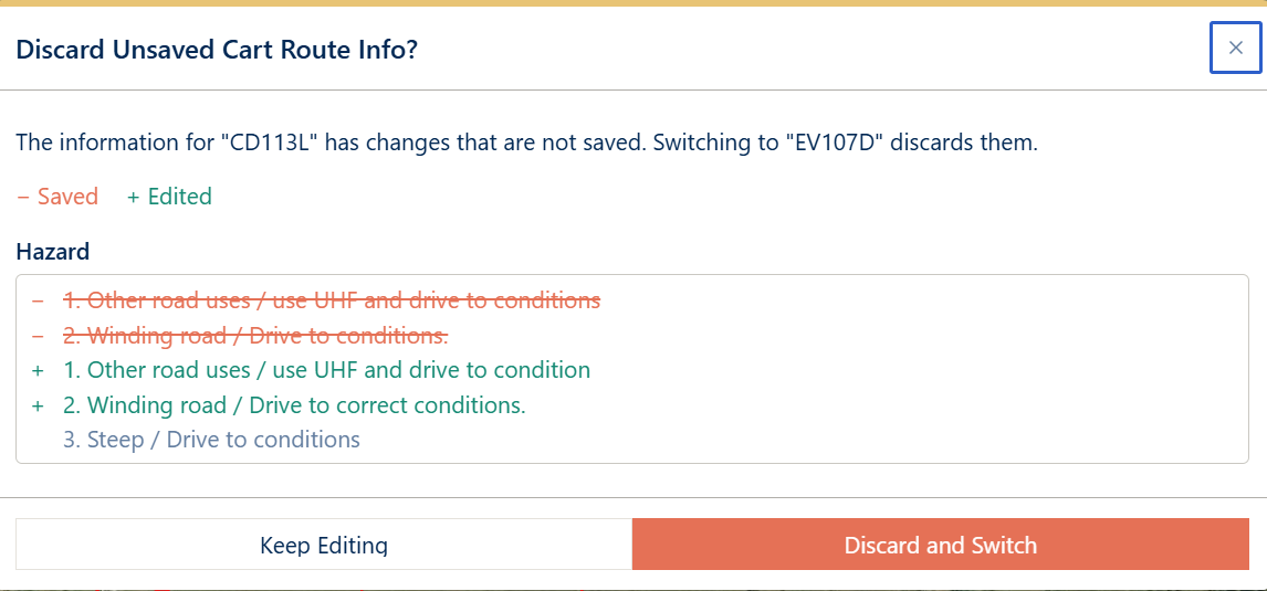 Discard Unsaved Cart Route Info dialog