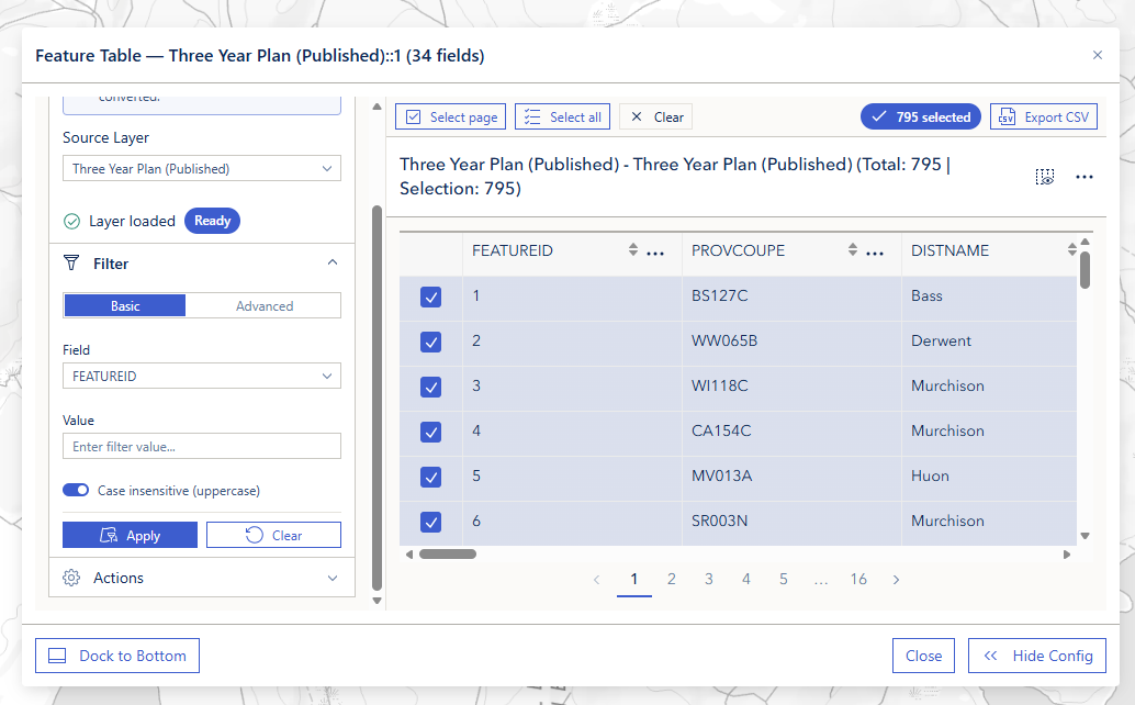 Select page, Select all, Clear, the selection count, and Export CSV in the selection toolbar