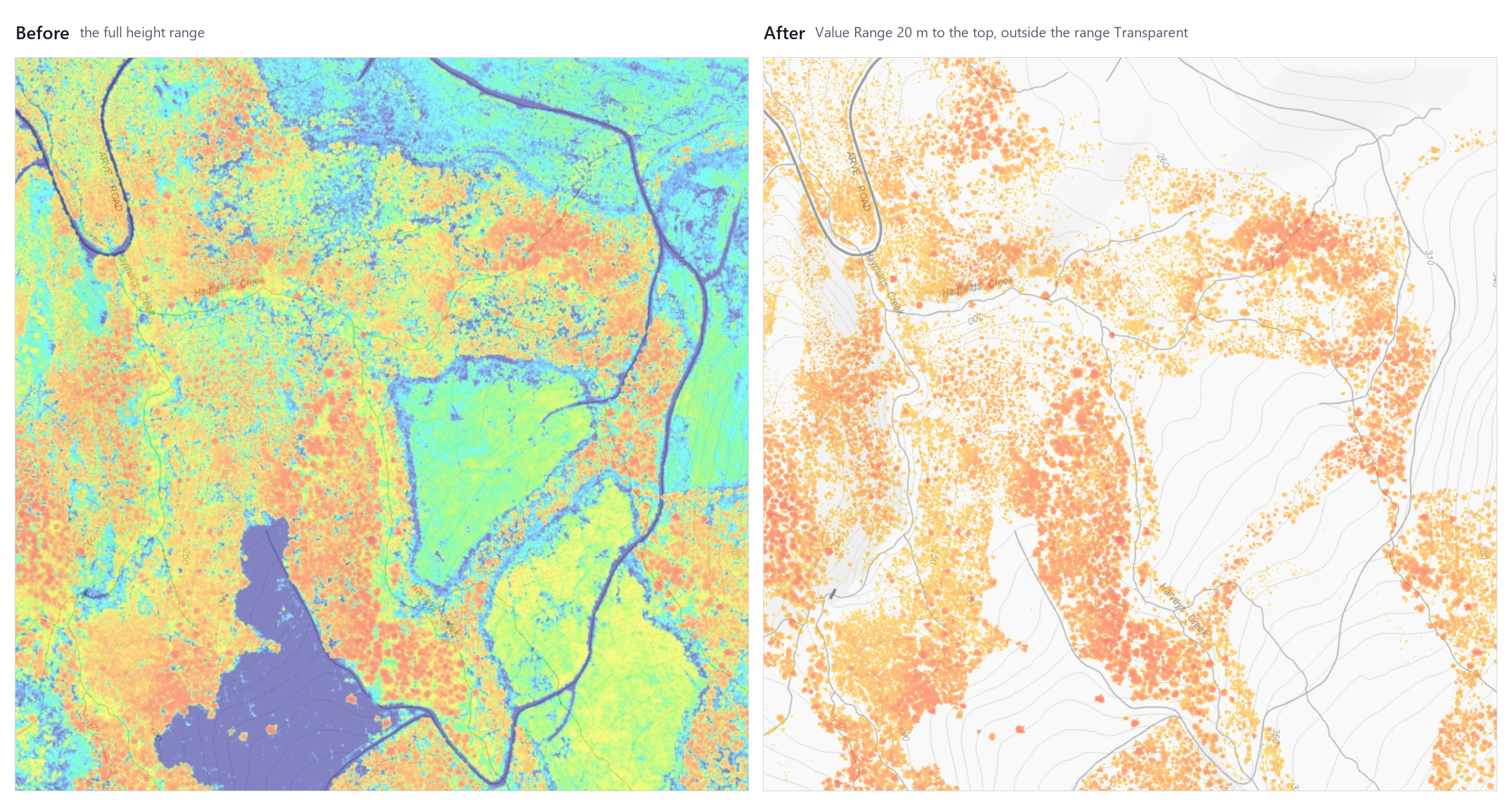 Canopy Height Model before and after narrowing the Value Range
