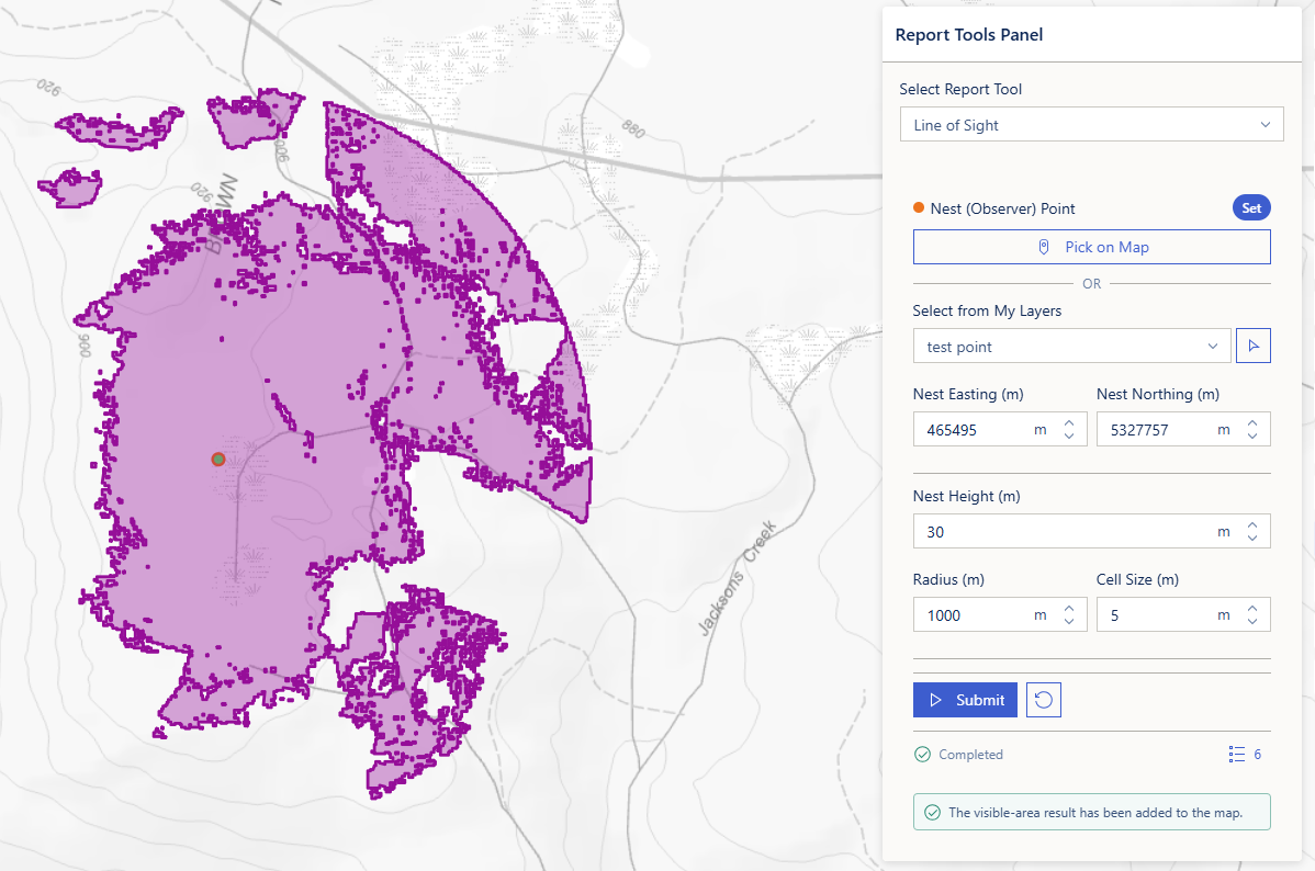 The visible-area result added to the map after a completed job
