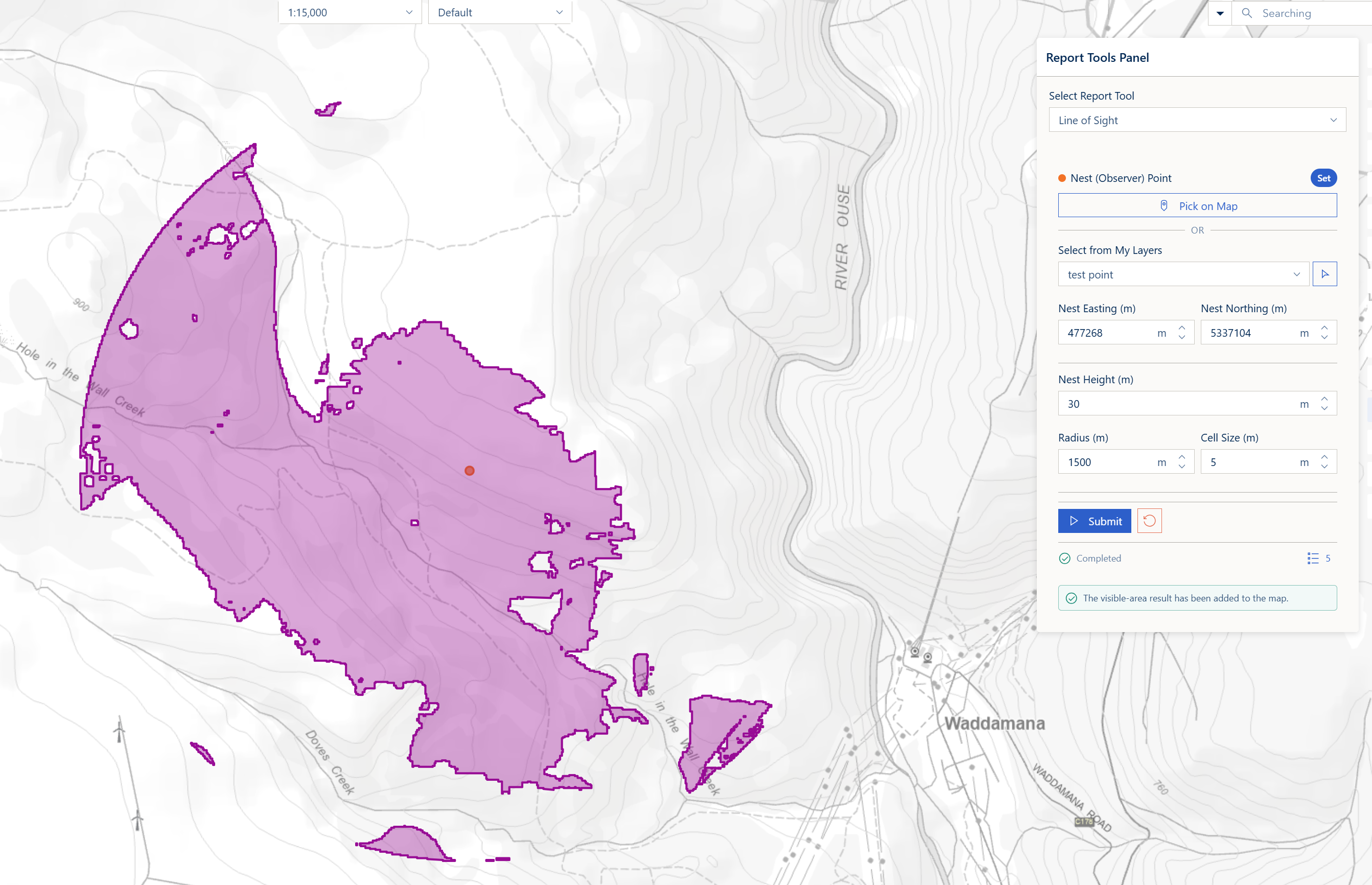 Worked example: the area visible from the nest within 1500 m