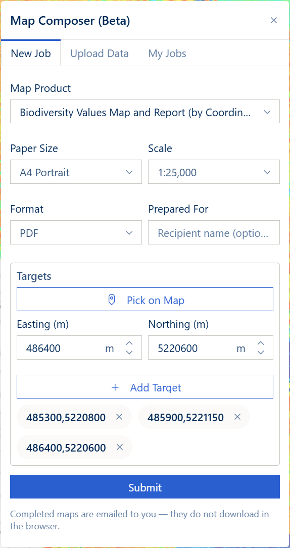 Map Composer New Job tab with a product and targets selected
