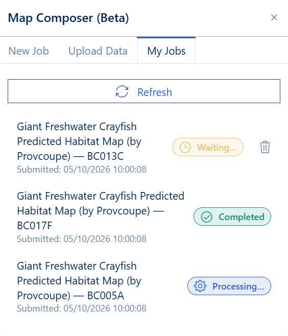 Map Composer My Jobs list with status chips