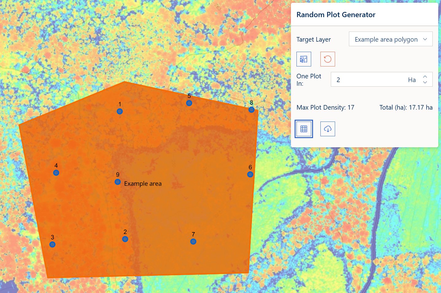 Plot Random panel with generated sample plots on the map