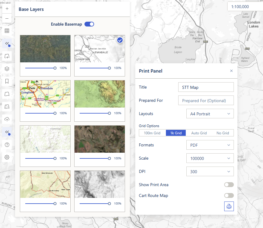 The floating Print Panel over the map, with the docked Base Layers panel open at the same time