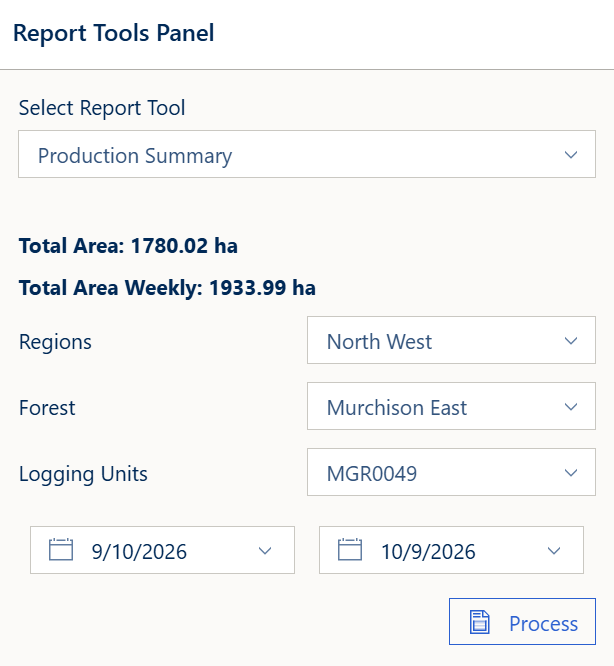Production Summary panel with selections and a date range