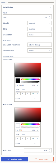 Style Panel with the Label Editor expanded — Font, Placement, and Color & Halo groups