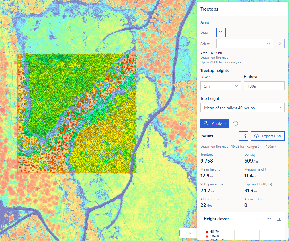 The Treetops panel with the results of a 16 ha area, and its treetops on the map