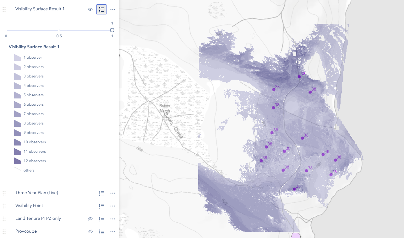 The Visibility Surface Result layer, with a per-observer-count legend and an opacity slider