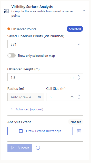 The Visibility Surface Analysis block with every control in view: the saved observer set (Vis Number) and its "Selected" chip, "Show only selected on map", Observer Height, the auto-derived Radius, Cell Size, the Advanced group, the Analysis Extent row, and Submit