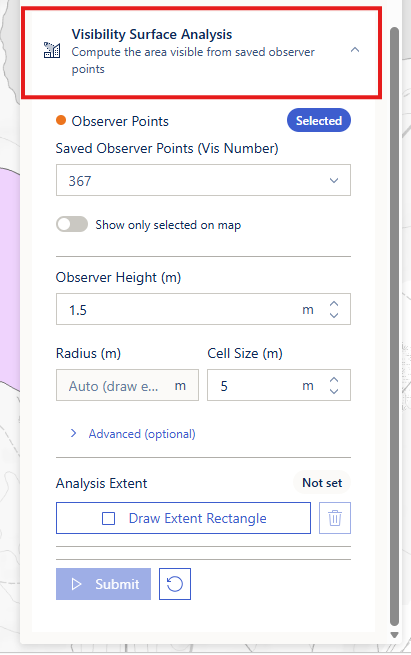 The Visibility Surface Analysis block, expanded — Submit stays disabled until an extent is drawn