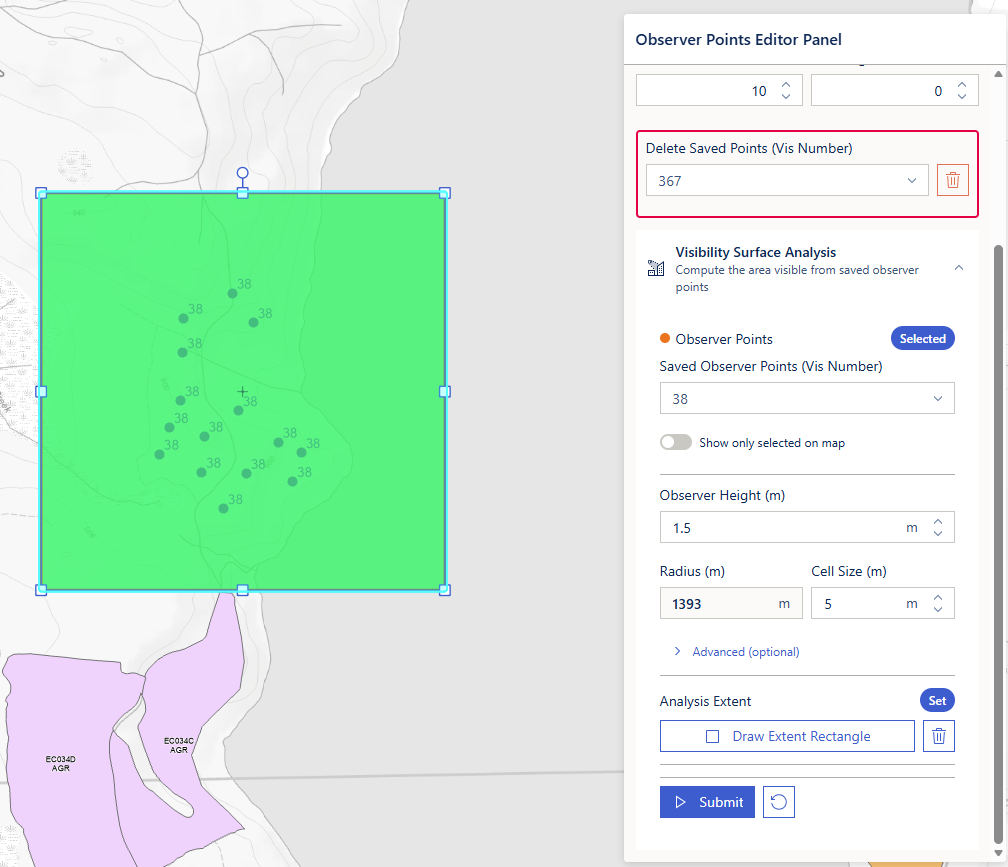 Extent drawn (green): the Radius fills in automatically and Submit becomes enabled